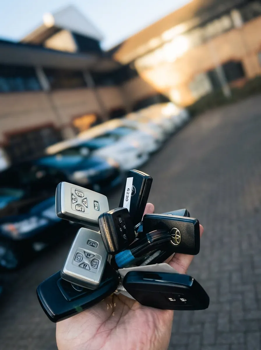 Auto locksmith holding a handful of replacement car smart keys in front of a row of vehicles